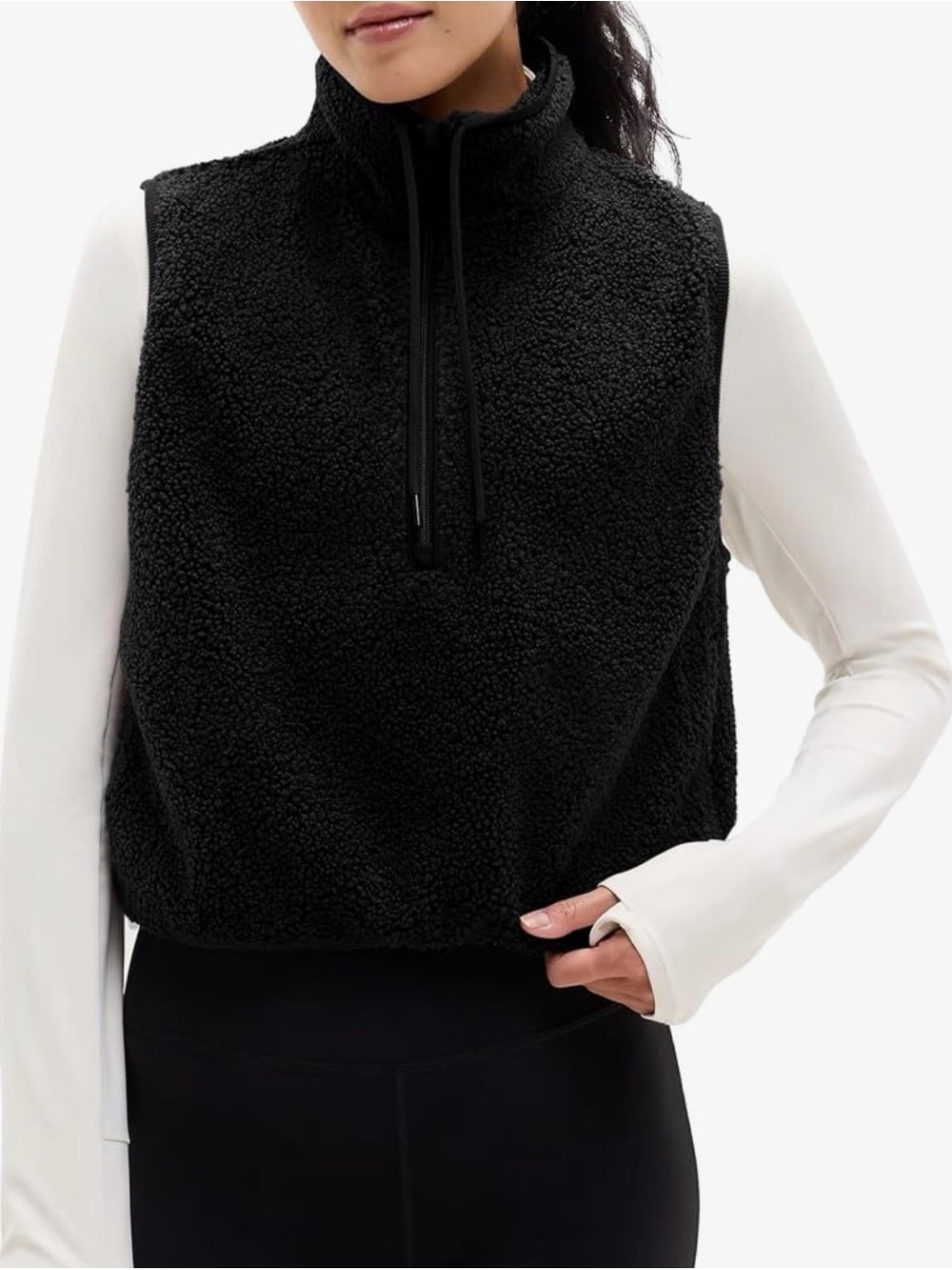 Women’s Black Cropped Fuzzy Fleece Vest Half Zip with Pockets